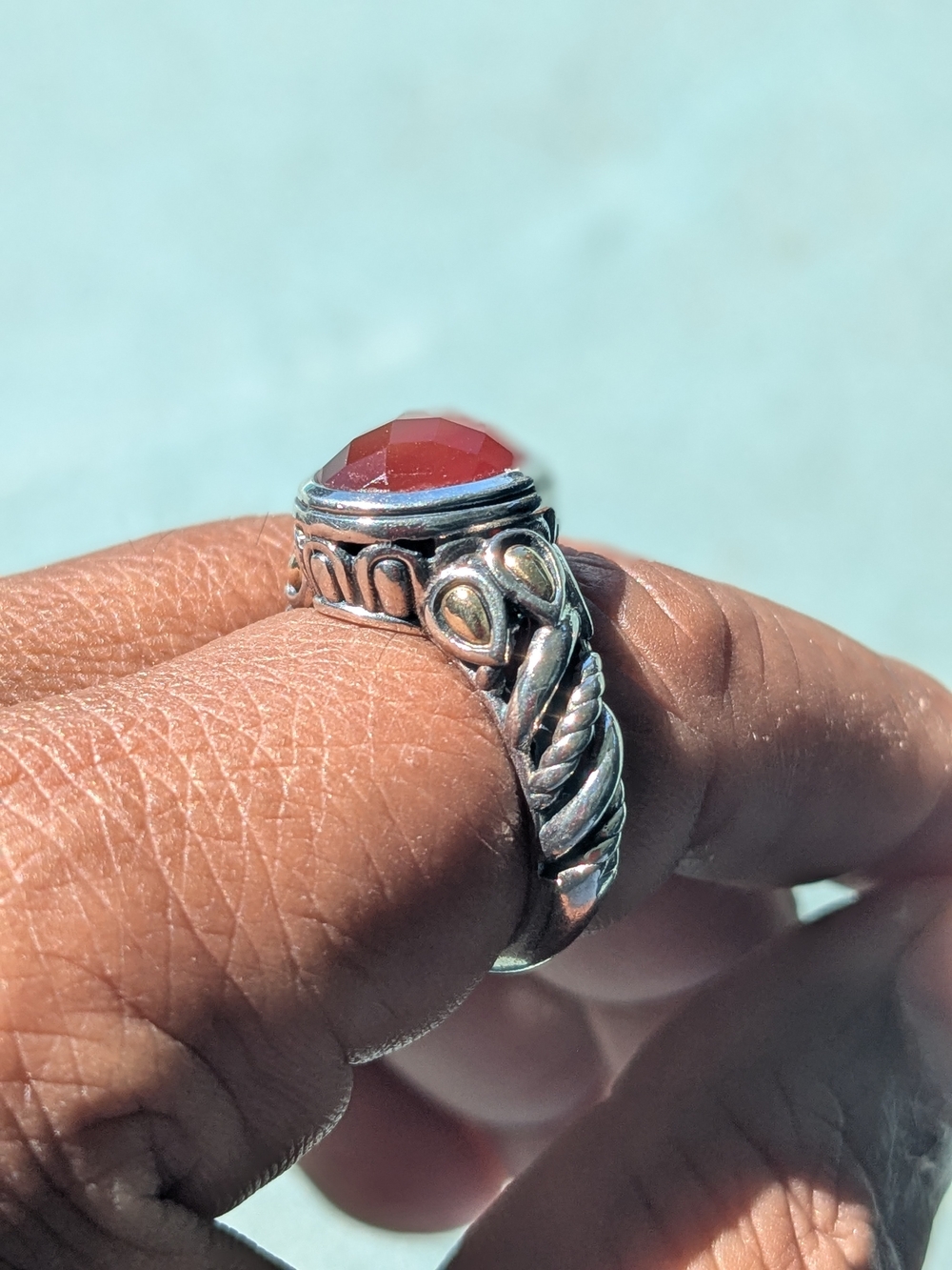 JAI by John Hardy 925 Sterling Silver 14K Gold Red Carnelian Stone Ring